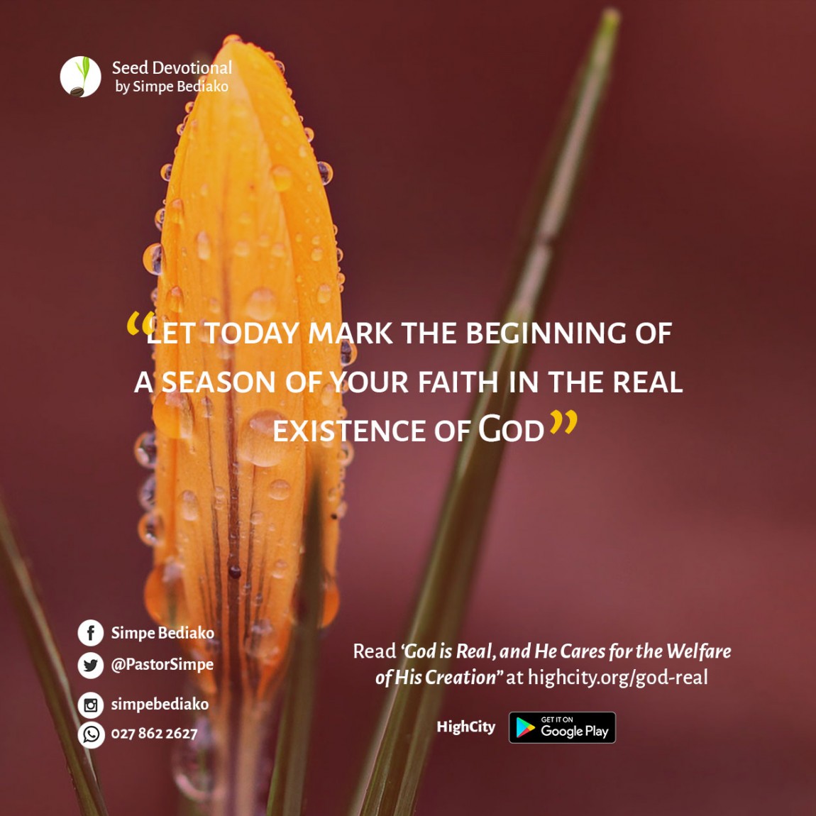 God is Real, and He Cares for the Welfare of His Creation – Seed for Today Let today mark the beginning of a season of your faith in the real existence of God